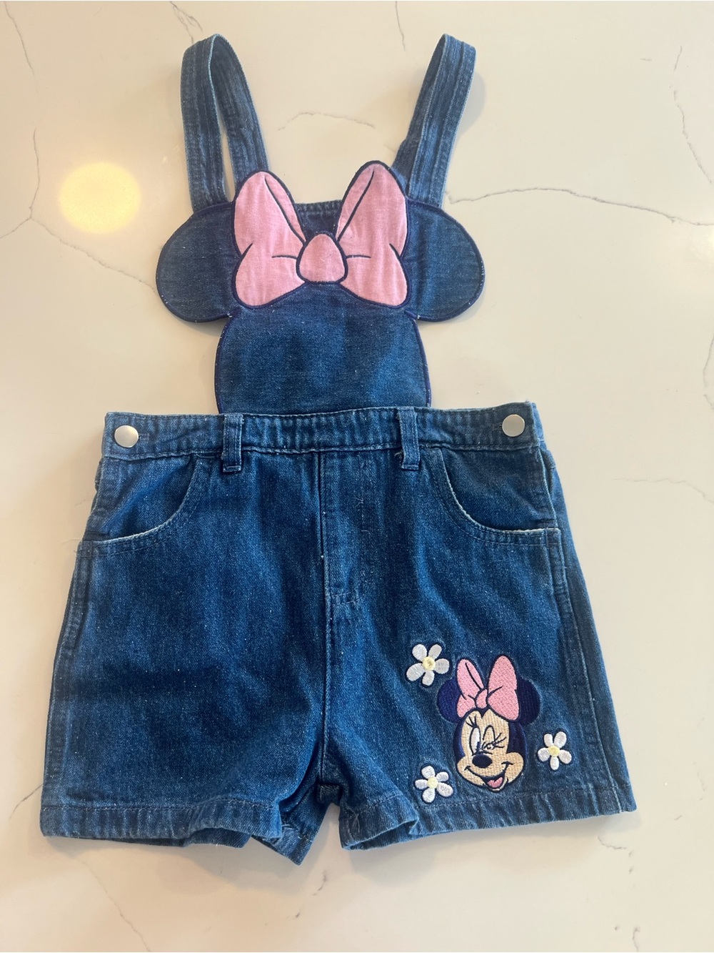 Disney Denim Minnie Short Overalls with Pink Bow Accent